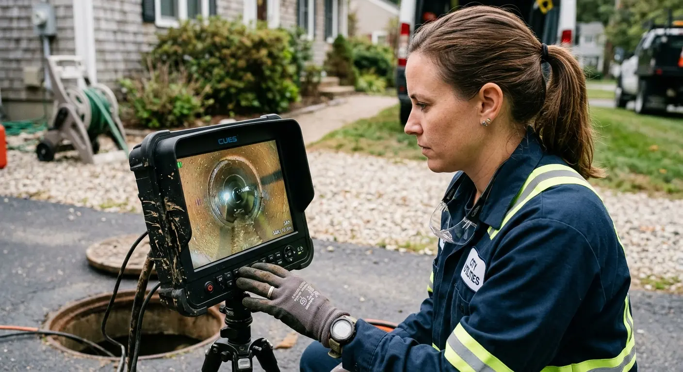 Technician reviewing sewer camera inspection footage in Oceanport