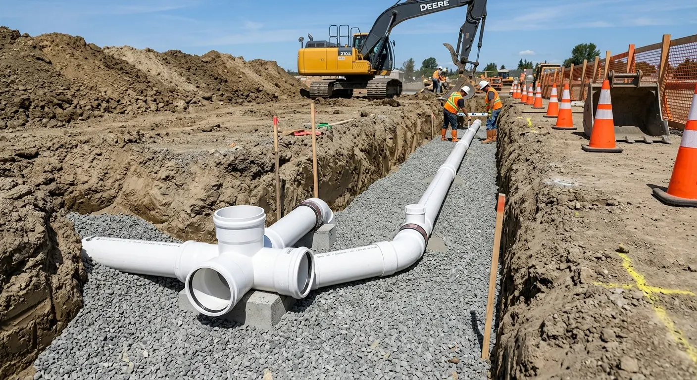New PVC sewer pipe installation in open trench for Sewer Backup in Oceanport