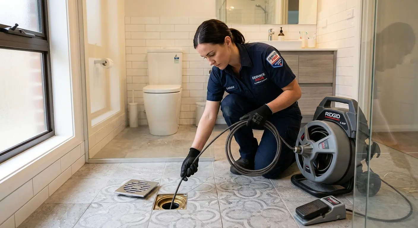 Technician clearing a bathroom floor drain for Drain Repair in Oceanport